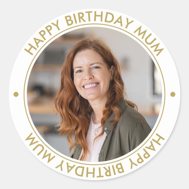 Happy Birthday Mum Modernes Elegantes Foto weiß Runder Aufkleber (Vorderseite)