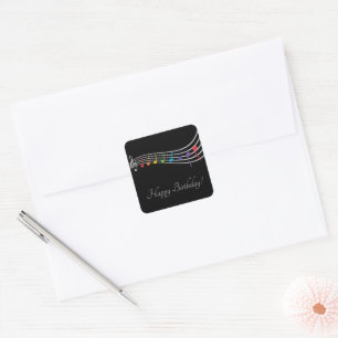 Happy Birthday Musical Notes Black&Silver Elegant Quadratischer Aufkleber
