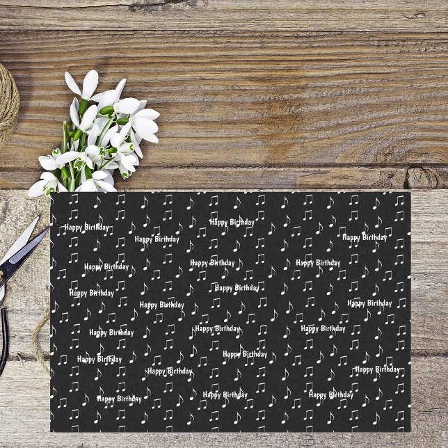 Happy Birthday Musical Schwarz-weiß Theme Notes Seidenpapier (Black and white music theme Happy Birthday with white music notes on tissue gift wrap paper.)