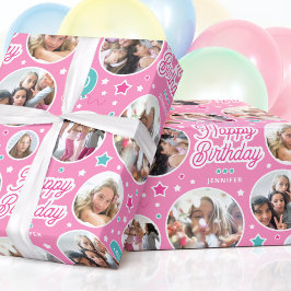 Happy Birthday Name Age Foto Collage Bright Pink Geschenkpapier