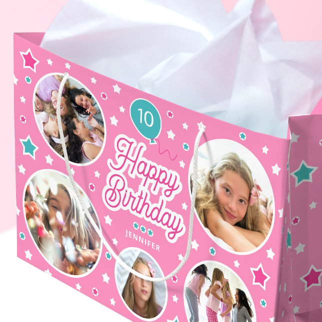 Happy Birthday Name Age Foto Collage Bright Pink Große Geschenktüte (Von Creator hochgeladen)