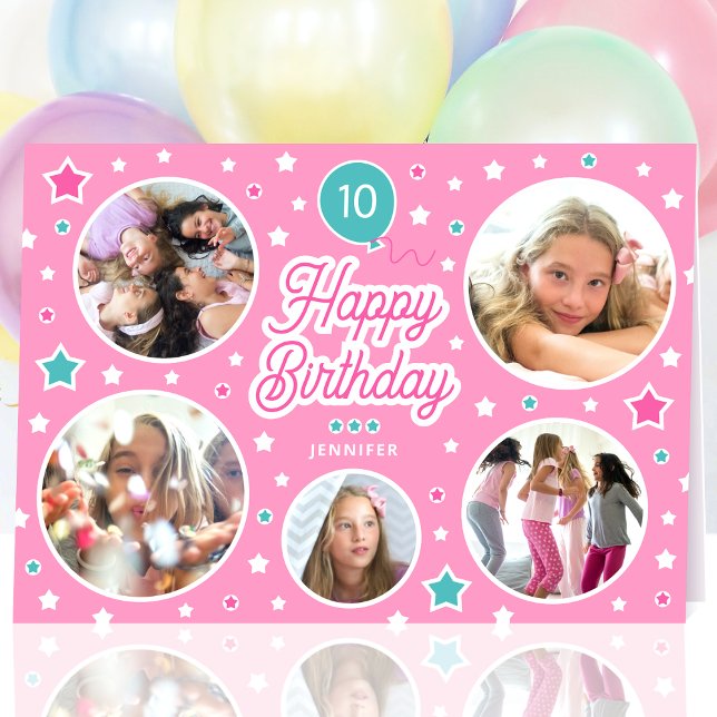 Happy Birthday Name Age Foto Collage Bright Pink Karte (Von Creator hochgeladen)