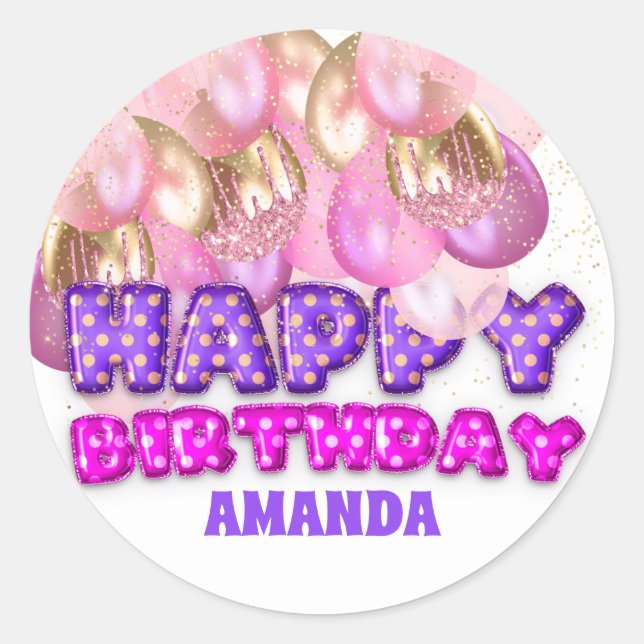 Happy Birthday Name Balloons Pink Lila Gold Runder Aufkleber (Vorderseite)