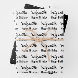 Happy Birthday Name Black and White Polka Dots Geschenkpapier Set
