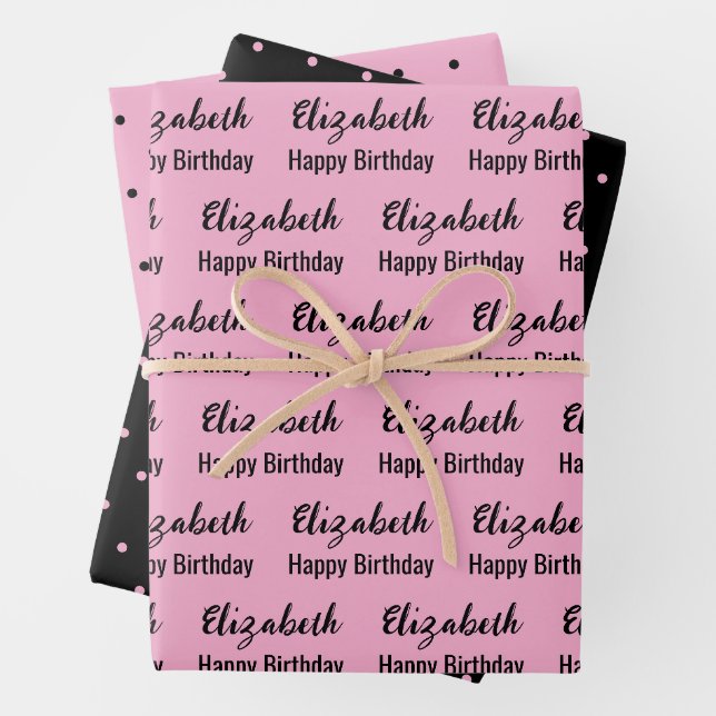 Happy Birthday Name Black Light Pink Polka Dots Geschenkpapier Set (Beispiel)