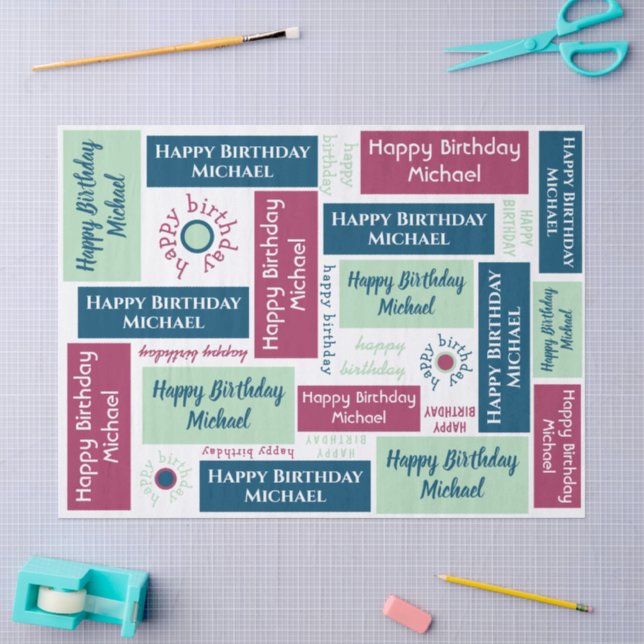 Happy Birthday Name Blue Mint Green Burgundy Seidenpapier (Basteln)