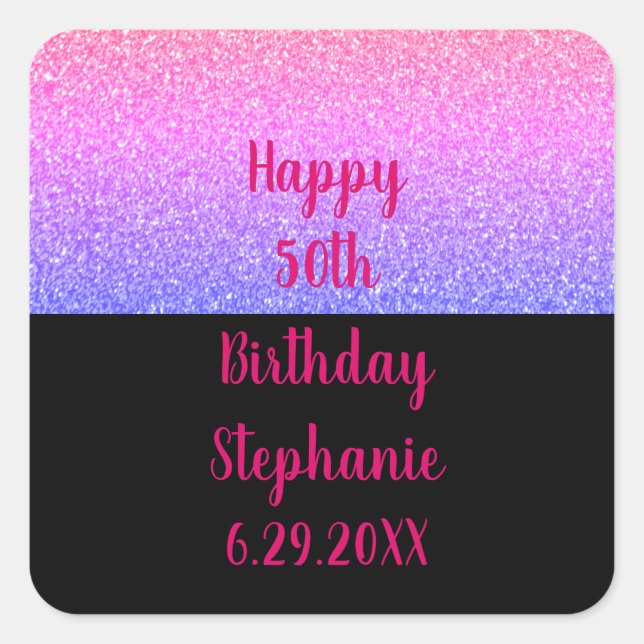 Happy Birthday Name Glittery Rose Gold Pink Black Quadratischer Aufkleber (Vorderseite)