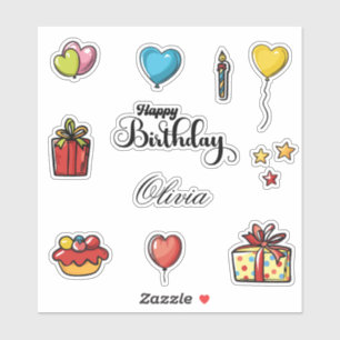 Happy Birthday Name Heart Balloons & Gifts Bundle Aufkleber