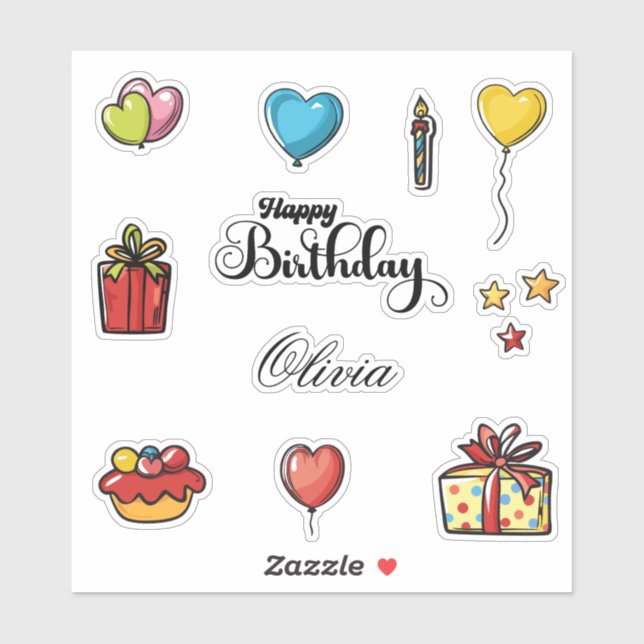 Happy Birthday Name Heart Balloons & Gifts Bundle Aufkleber (Blatt)
