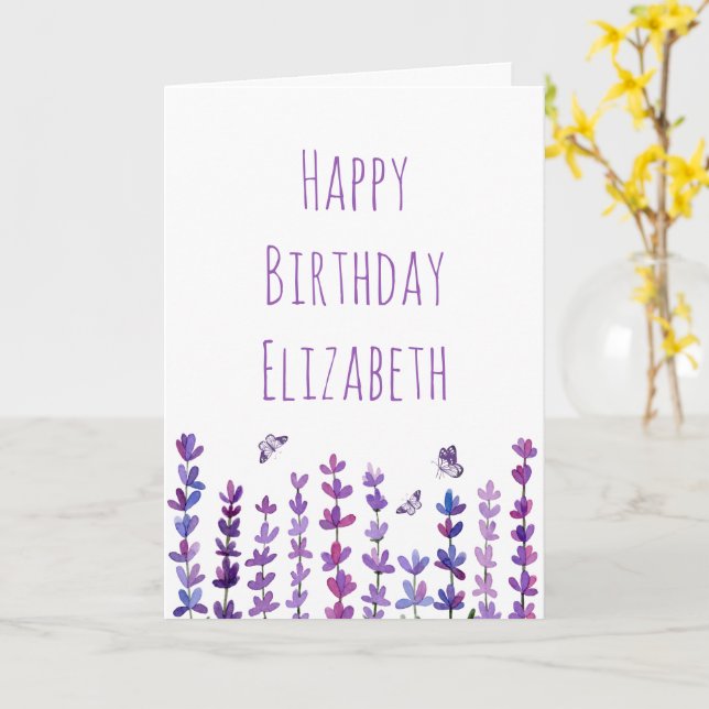 Happy Birthday Name Lavender & Butterfly Karte (Gelbe Blume)