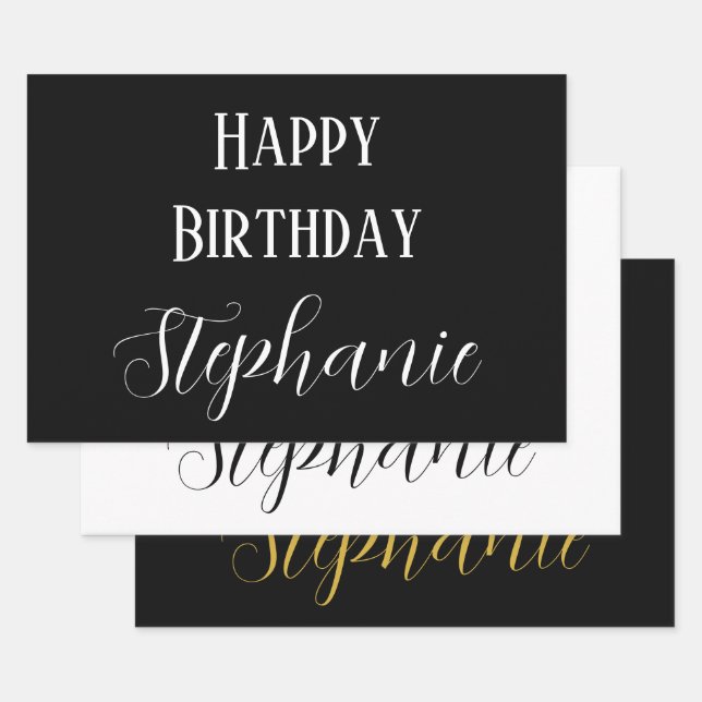 Happy Birthday Name Monogram Gold Schwarz-weiß Geschenkpapier Set (Set)