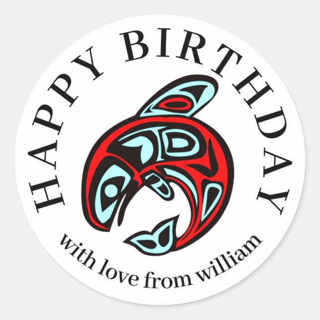 Happy Birthday Native Orca Art Killer Whale Runder Aufkleber (Vorderseite)