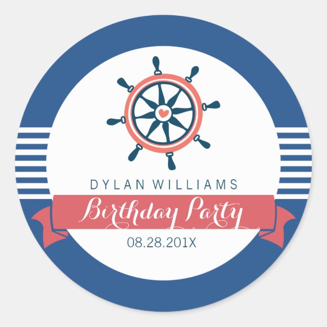 Happy Birthday Nautical Boat Wheel Runder Aufkleber (Vorderseite)