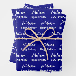 Happy Birthday Navy Blau und Weiß Name Muster Geschenkpapier Set