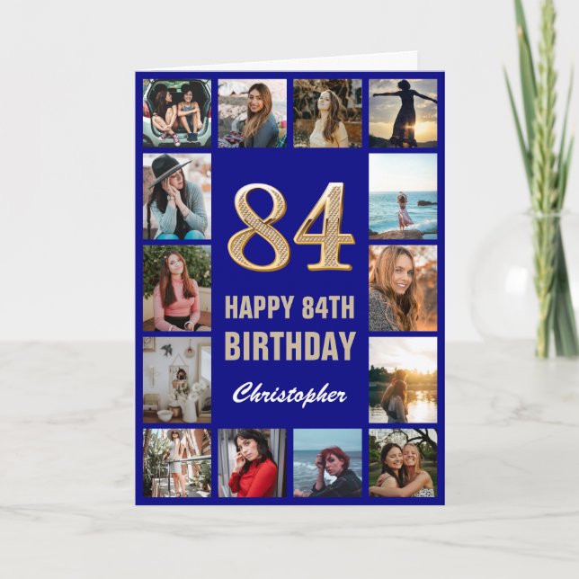 Happy Birthday Navy Blue & Gold Foto Collage Karte (Vorderseite)
