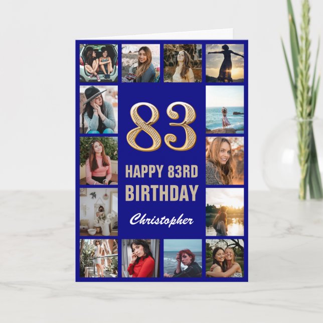 Happy Birthday Navy Blue & Gold Foto Collage Karte (Vorderseite)