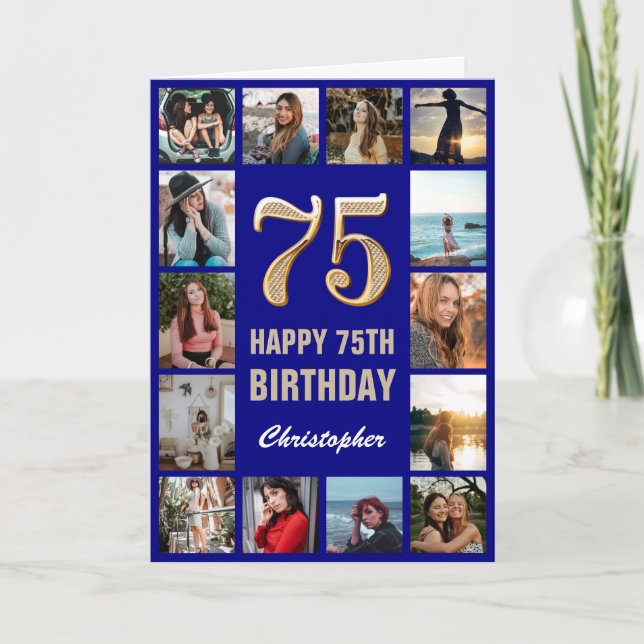 Happy Birthday Navy Blue & Gold Foto Collage Karte (Vorderseite)