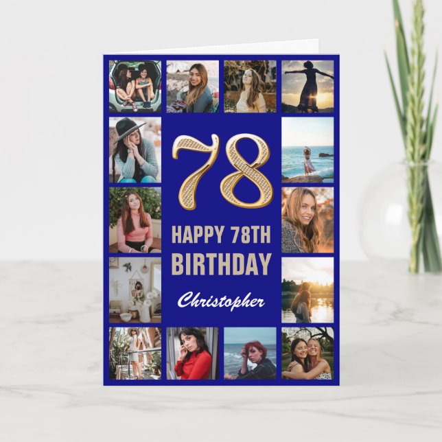 Happy Birthday Navy Blue & Gold Foto Collage Karte (Vorderseite)