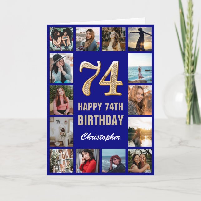 Happy Birthday Navy Blue & Gold Foto Collage Karte (Vorderseite)