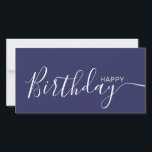 Happy Birthday Navy Blue White Modern Flat Card<br><div class="desc">Diese moderne und elegante Flachbild-Karte mit weißem Happy Birthday-Text auf der Vorderseite und auf der Rückseite personalisieren Sie ihn mit Ihrem Namen oder Familiennamen. Der Hintergrund ist marineblau.</div>