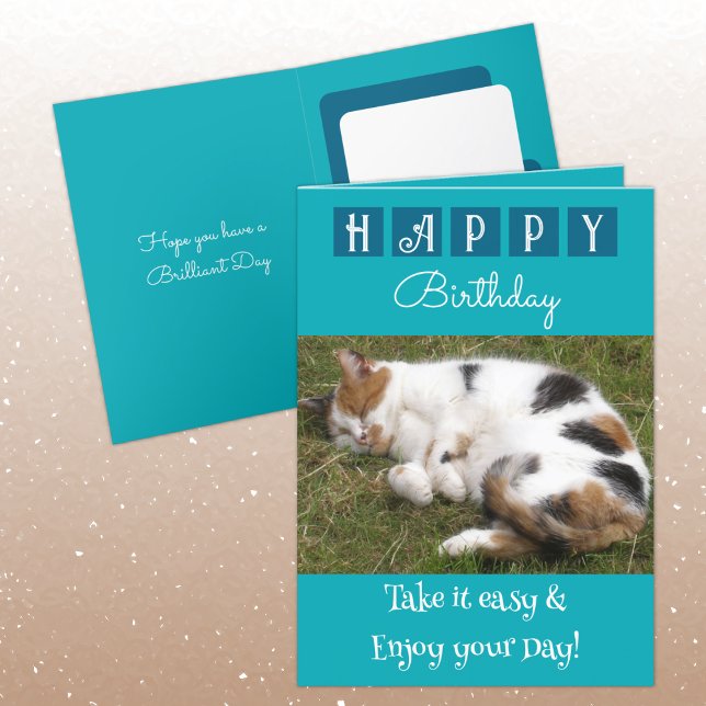 Happy Birthday nehmen es leicht Katz Foto blau Karte (Von Creator hochgeladen)