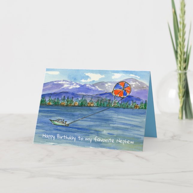 Happy Birthday Nephew Parasailing Mountain Lake Karte (Vorderseite)