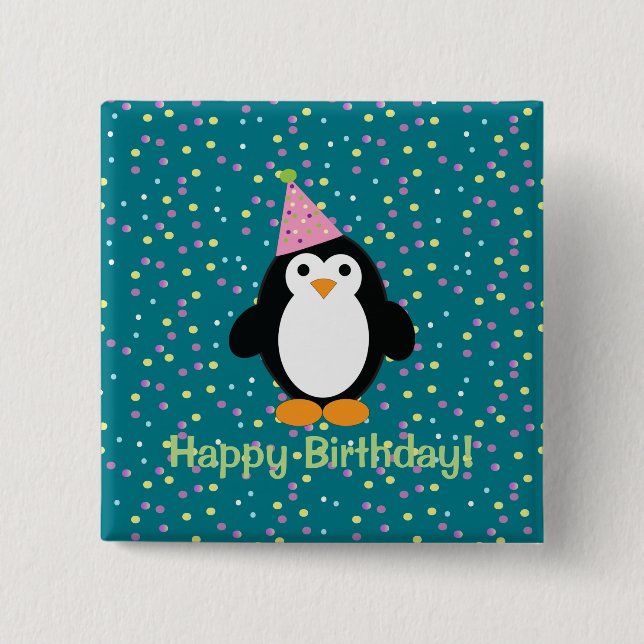 Happy Birthday Niedlich Cartoon Party Pinguin Button (Vorderseite)