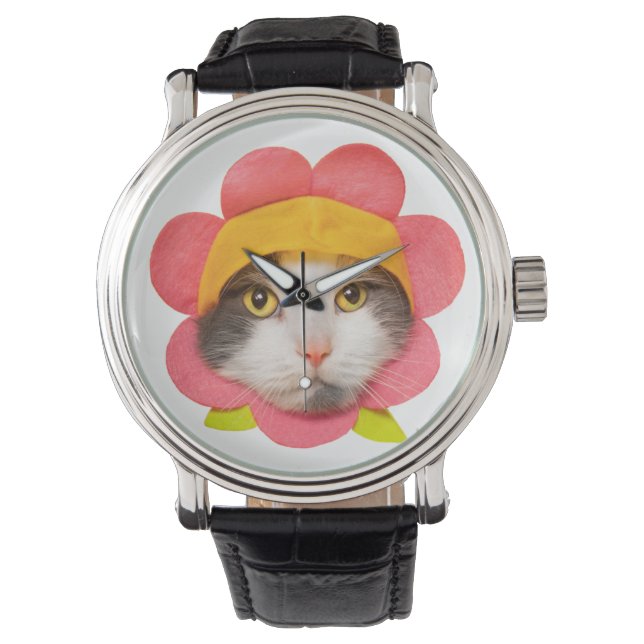Happy Birthday Niedlich Cat in Blume Hat Armbanduhr (Vorderseite)