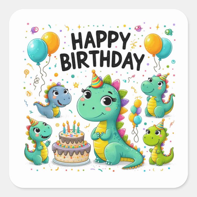 Happy Birthday Niedlich Dinosaurier feiern Quadratischer Aufkleber (Vorderseite)