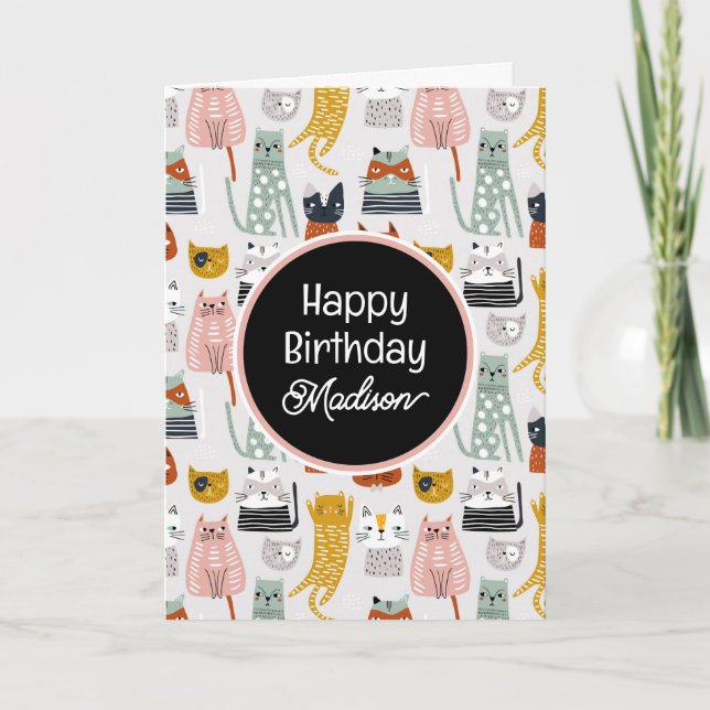 Happy Birthday | Niedlich Doodle Hand Dragee Katze Karte (Vorderseite)