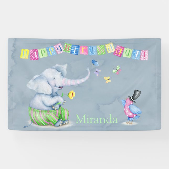 Happy Birthday Niedlich Elephant Bird Butterfly Ki Banner (Horizontal)
