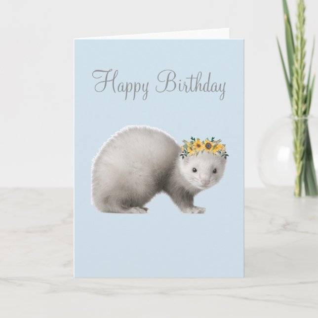Happy Birthday Niedlich Ferret Sonnenblumenkrone Karte (Vorderseite)