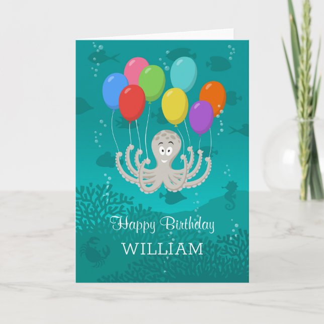 Happy Birthday Niedlich Funny Octopus Cartoon Ball Karte (Vorderseite)