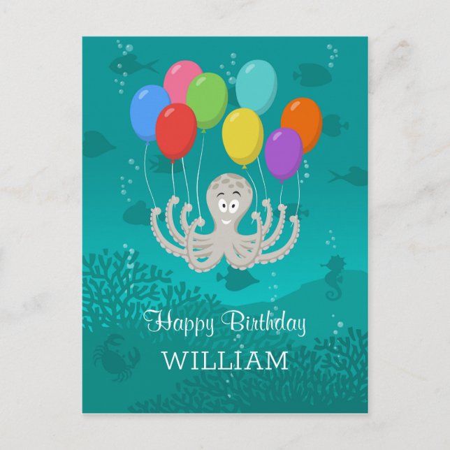 Happy Birthday Niedlich Funny Octopus Cartoon Ball Postkarte (Vorderseite)