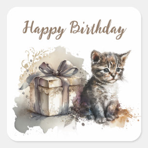 Happy Birthday   Niedlich Grau Kitten und Geschenk Quadratischer Aufkleber