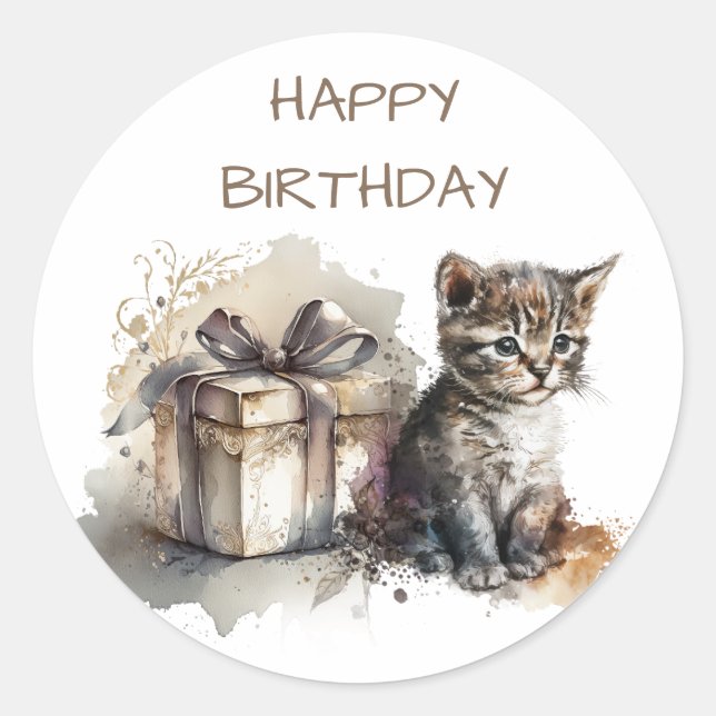 Happy Birthday | Niedlich Grau Kitten und Geschenk Runder Aufkleber (Vorderseite)