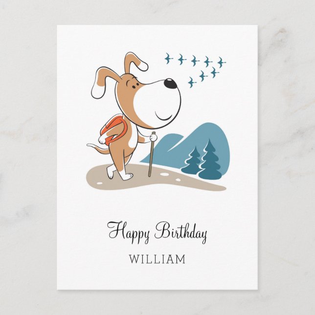 Happy Birthday Niedlich Hund Welpe Wanderung Wald Postkarte (Vorderseite)