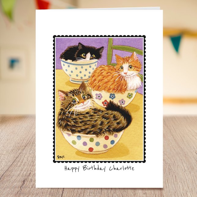 Happy Birthday Niedlich Katzen in Bowls Custom Karte (Von Creator hochgeladen)