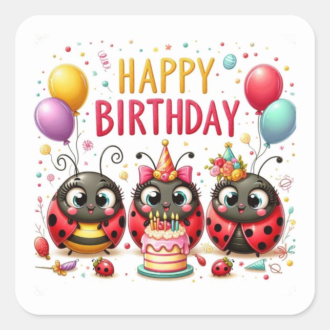 Happy Birthday Niedlich Ladybugs feiern Quadratischer Aufkleber (Vorderseite)