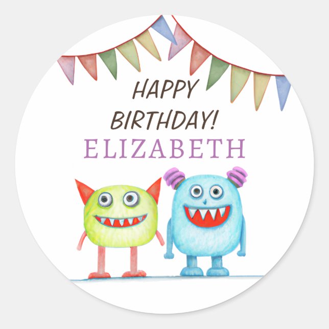 Happy Birthday Niedlich Monsters Runder Aufkleber (Vorderseite)