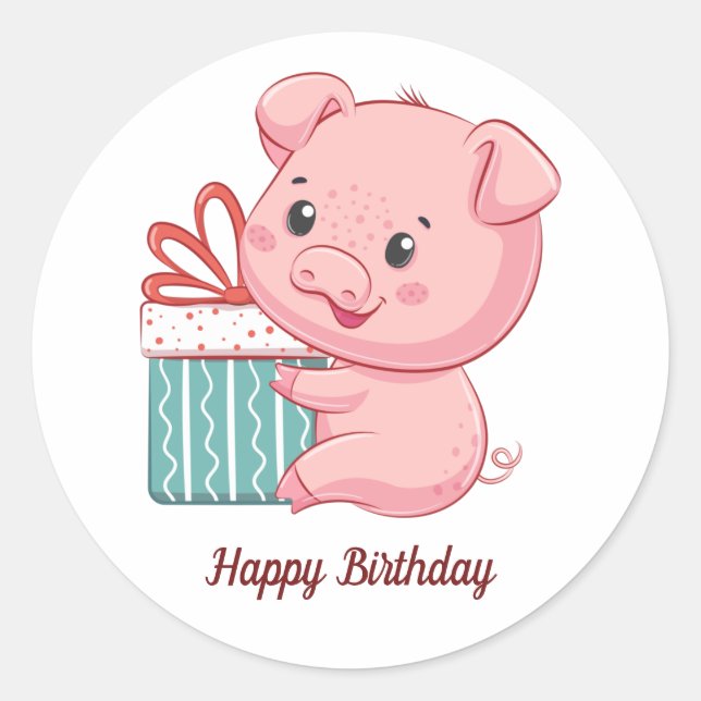 Happy Birthday Niedlich Pink Piglet mit Geschenkbo Runder Aufkleber (Vorderseite)
