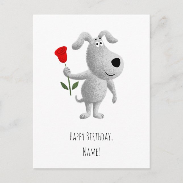 Happy Birthday Niedlich Puppy Dog Rote Rose Postkarte (Vorderseite)