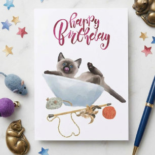 Happy Birthday Niedlich Watercolor Siamese Kitten  Karte