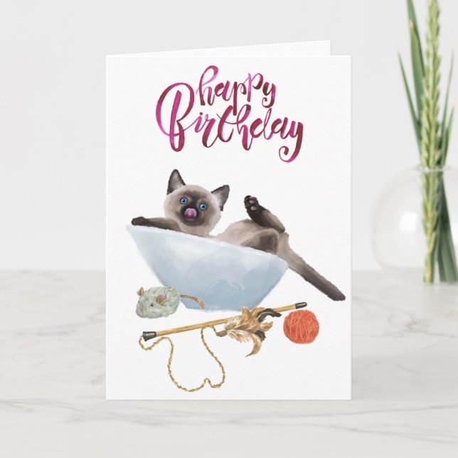 Happy Birthday Niedlich Watercolor Siamese Kitten  Karte (Vorderseite)