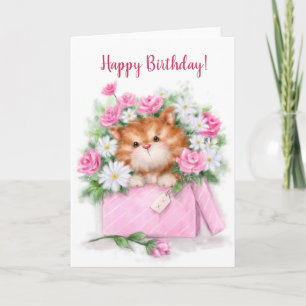 Happy Birthday, niedliche Katze in Blume Box Karte
