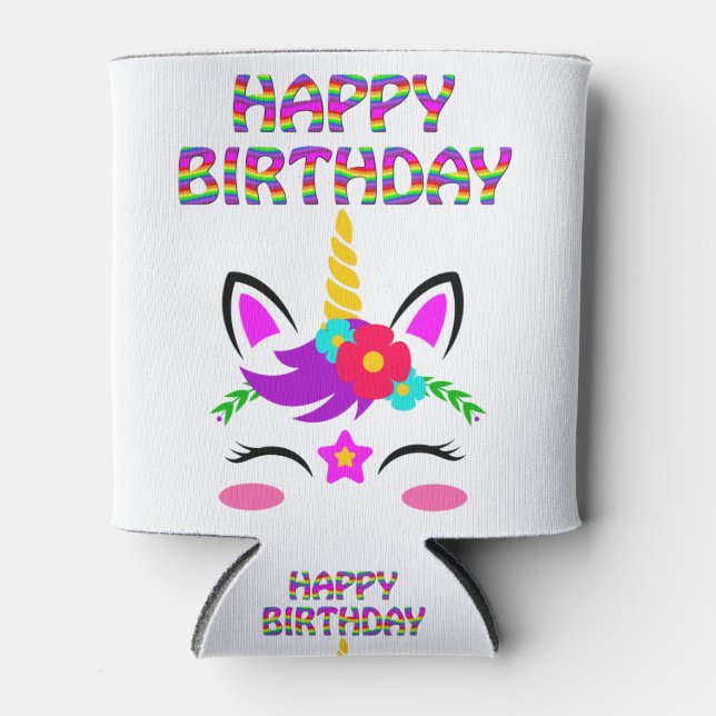 Happy Birthday niedliche Regenbogenfarben Einhorn  Dosenkühler (Vorderseite)