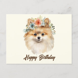 Happy Birthday Niedlichen Spitz Hund mit Blume Postkarte