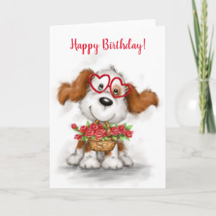 Happy Birthday, Niedlicher Hund Holding Blume Bask Karte