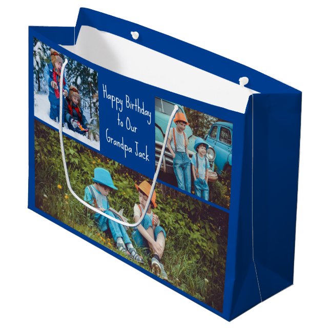 Happy Birthday Opa Custom Grandkids Foto Große Geschenktüte (Vorderseite Schrägansicht)
