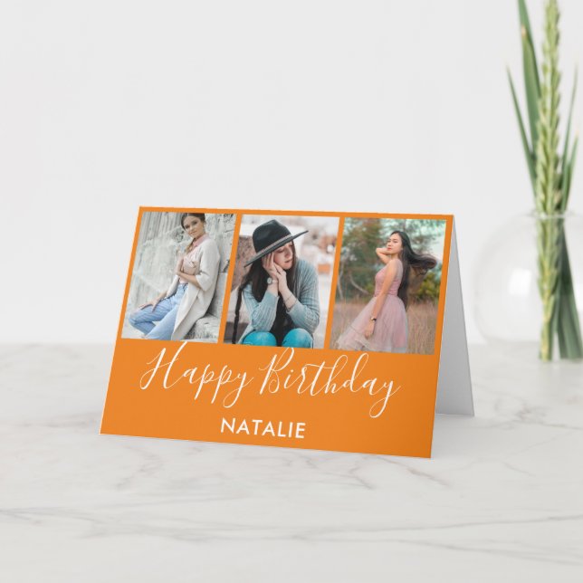 Happy Birthday Orange und White 3 Foto Collage Karte (Vorderseite)
